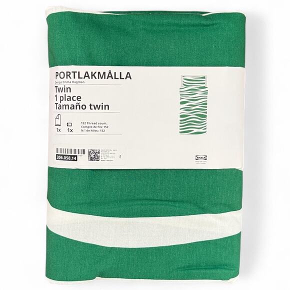 IKEA PORTLAKMALLA Green & White Twin Duvet Cover & Pillowcase - Picture 1 of 2
